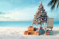 Christmas tree with presents and chair on the beach. 3d render, christmas tree and gifts on the sandy beach, AI Generated