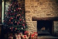 Christmas tree with presents in front of fireplace. Filtered image processed vintage effect . Royalty Free Stock Photo