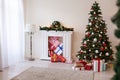 Christmas tree with presents, Garland lights new year winter home decoration