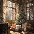 christmas tree with presents in a light room with presents under the tree Royalty Free Stock Photo