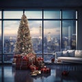 Christmas tree with presents in modern living room with panoramic window of New York City. Royalty Free Stock Photo