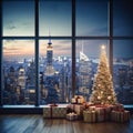 Christmas tree with presents and New York city night view from the window. New Year\'s Eve. Royalty Free Stock Photo