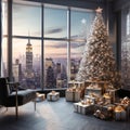 Christmas tree with presents and New York city view from window. New Year\'s Eve. Royalty Free Stock Photo