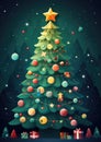 Christmas tree with presents and ornaments in the forest. Christmas greeting card illustration Royalty Free Stock Photo