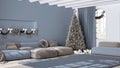 Christmas tree and presents in scandinavian living room with sofa and carpet. Parquet and vaulted ceiling, White and blue modern