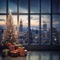 Christmas tree with presents and twilight view of New York city through window. Royalty Free Stock Photo