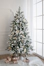 Christmas tree with presents underneath in living room