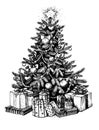 Christmas tree and presents. Vector vintage hand drawn illustration.