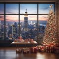 Christmas tree with presents and a view of New York. New Yearâs Eve. Royalty Free Stock Photo