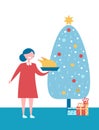 Christmas Tree with Presents and Woman with Dish