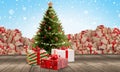 Christmas tree with presents on wooden floor in front of winter background with mass of delivered packages 3d-illustration