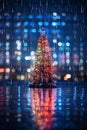 christmas tree in the rain with city lights in the background Royalty Free Stock Photo