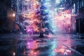 a christmas tree in the rain with neon lights Royalty Free Stock Photo