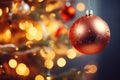 Christmas tree and red ball on bokeh background. New Year, Christmas Tree With Baubles And Blurred Shiny Lights, AI Generated Royalty Free Stock Photo