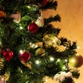 Christmas tree and red balls with Christmas decorations