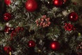 Christmas Tree with Red Balls and Stars. Winter Holiday Background