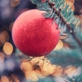 Christmas tree with red bauble, xmas decorations on new year Royalty Free Stock Photo