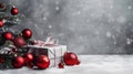 Christmas tree with red baubles and gift box on gray backdrop with snow, Merry Christmas background with copy space. Generative AI Royalty Free Stock Photo