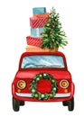 Christmas tree, red car and gifts watercolor hand drawing on a white background. Greeting card xmas Royalty Free Stock Photo