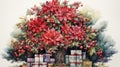 A Christmas tree with red flowers and gifts under it Royalty Free Stock Photo
