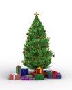 Christmas tree with red and gold decoratives balls, lights and presents underneath. Isolated 3D illustration