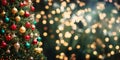 Christmas tree with red gold green baubles and ornaments on blurred bokeh lights background Royalty Free Stock Photo