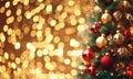 Christmas tree with red gold ornaments and baubles on bright blurred bokeh lights background