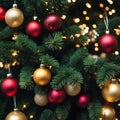 Christmas tree with red and gold ornaments decoration sparkles, AI generated image Royalty Free Stock Photo