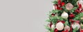 Christmas tree red ornaments baubles lights. Long banner