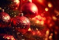 Christmas tree in red shiny background ornaments, creative digital illustration painting Royalty Free Stock Photo