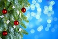 Christmas tree with red toy balls on a light blue background Royalty Free Stock Photo