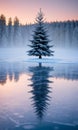 A Christmas Tree Reflection In A Frozen Lake, Surrounded By Snowy Landscape At Dawn. Generative AI Royalty Free Stock Photo