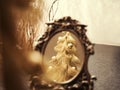Christmas tree reflection in a old style bronze mirror. Abstract background, Selective focus Royalty Free Stock Photo