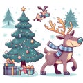 A christmas tree and a reindeer with antlers and gifts in a cartoon style, animal creatures, white background, printable