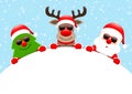 Christmas Tree Reindeer And Santa Claus Sunglasses Round Banner Snow Blue Royalty Free Stock Photo