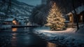 Christmas Tree River Side House in The Middle of Snowy Forest During Starry Christmas Eve Night AI Generative Royalty Free Stock Photo