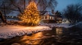 Christmas Tree River Side House in The Middle of Snowy Forest During Starry Christmas Eve Night AI Generative