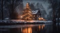 Christmas Tree River Side House in The Middle of Snowy Forest During Starry Christmas Eve Night AI Generative