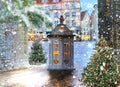 Christmas Tallinn old town holid romantic wooden lantern candle decoration snow fall festive medieval town hall square 