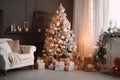 Christmas tree room. Generate AI Royalty Free Stock Photo