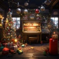 a christmas tree is in a room with a piano and lots of christmas ornaments around the room Royalty Free Stock Photo