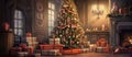 A Christmas tree in a room with presents, fireplace, and a cozy facade Royalty Free Stock Photo
