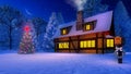 Christmas tree and rustic house at moonlight night