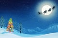 Christmas tree and Santa in moonlit winter landscape