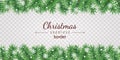 Christmas tree seamless border on transparent background - garland from green spruce branches and white snowflakes. Royalty Free Stock Photo