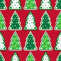 Christmas tree seamless pattern. Colorful christmas tree on red background with dots. Cute wrapper paper, wallpapers Royalty Free Stock Photo