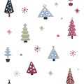 Christmas tree seamless pattern. Doodle xmas tree and snowflakes texture. Hand drawn Christmas design for greeting cards, wrapping