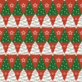 Christmas tree seamless pattern. Geometric pattern with Christmas trees and stars. Red, green and white colors Royalty Free Stock Photo