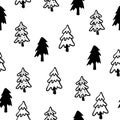 Christmas tree seamless pattern. Hand drawn doodle forest background. Retro holiday wraping paper. Vector monochrome pattern Royalty Free Stock Photo