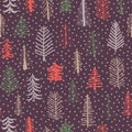 Christmas tree seamless pattern repeat tile. Green, brown, red doodle trees and snowflakes on purple background. Christmas design Royalty Free Stock Photo